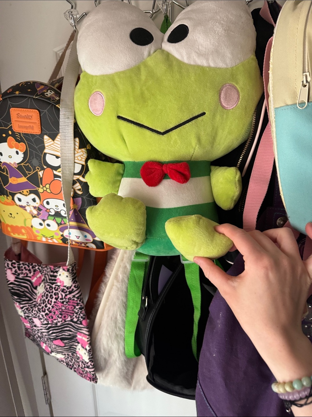 Green Plush Frog Backpack with Red Bow